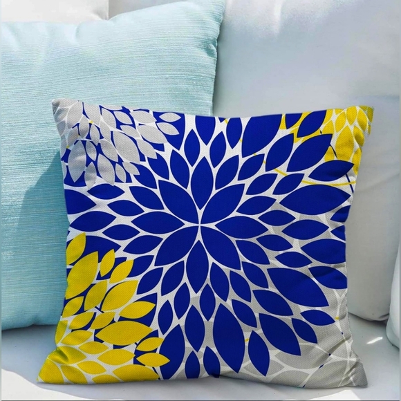 Navy Blue & Yellow Dahlia Pillow Covers, 18x18” Set of 2 - Picture 5 of 6